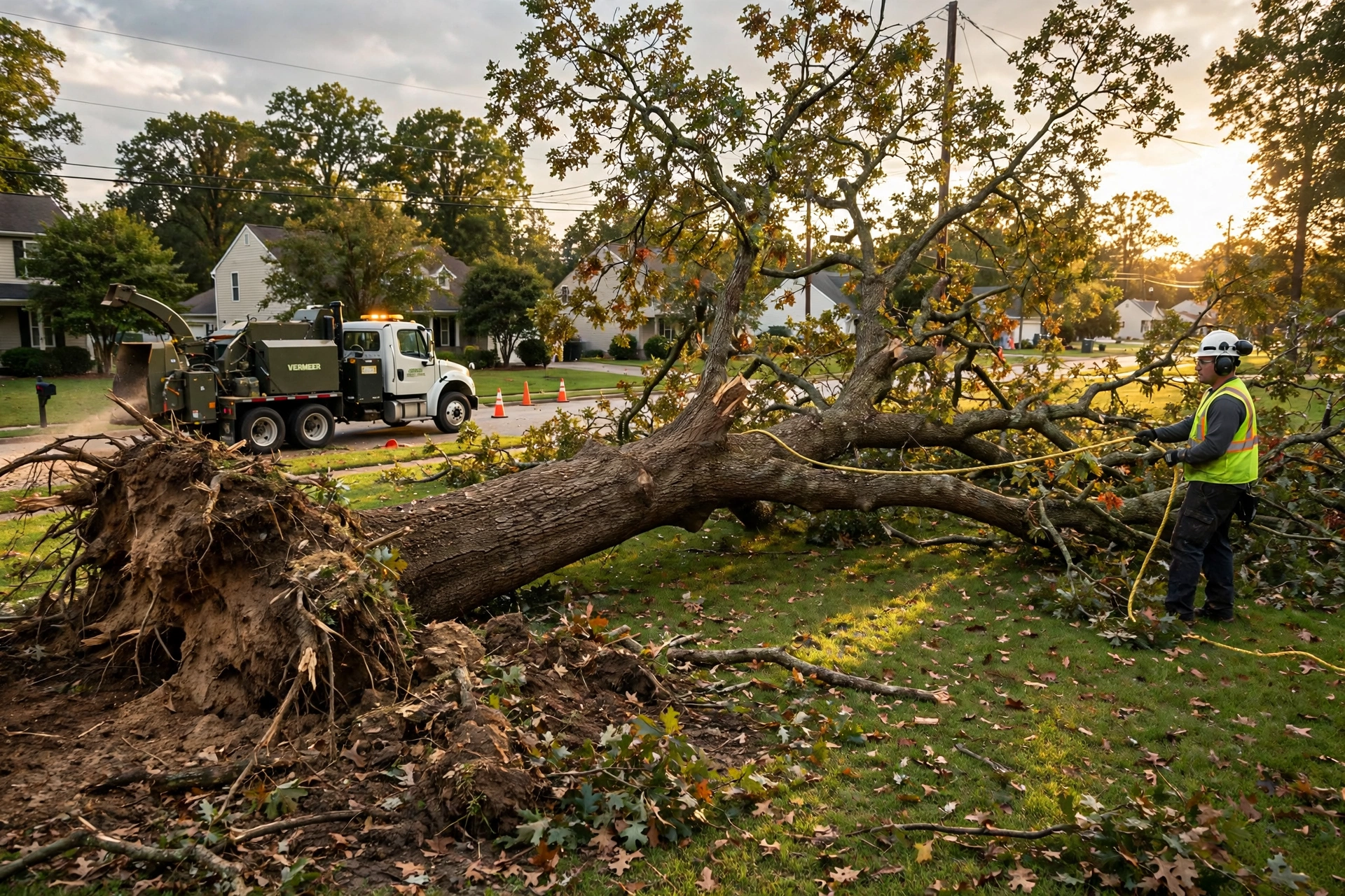 Storm-felled oak being removed by a crew in Collierville, TN