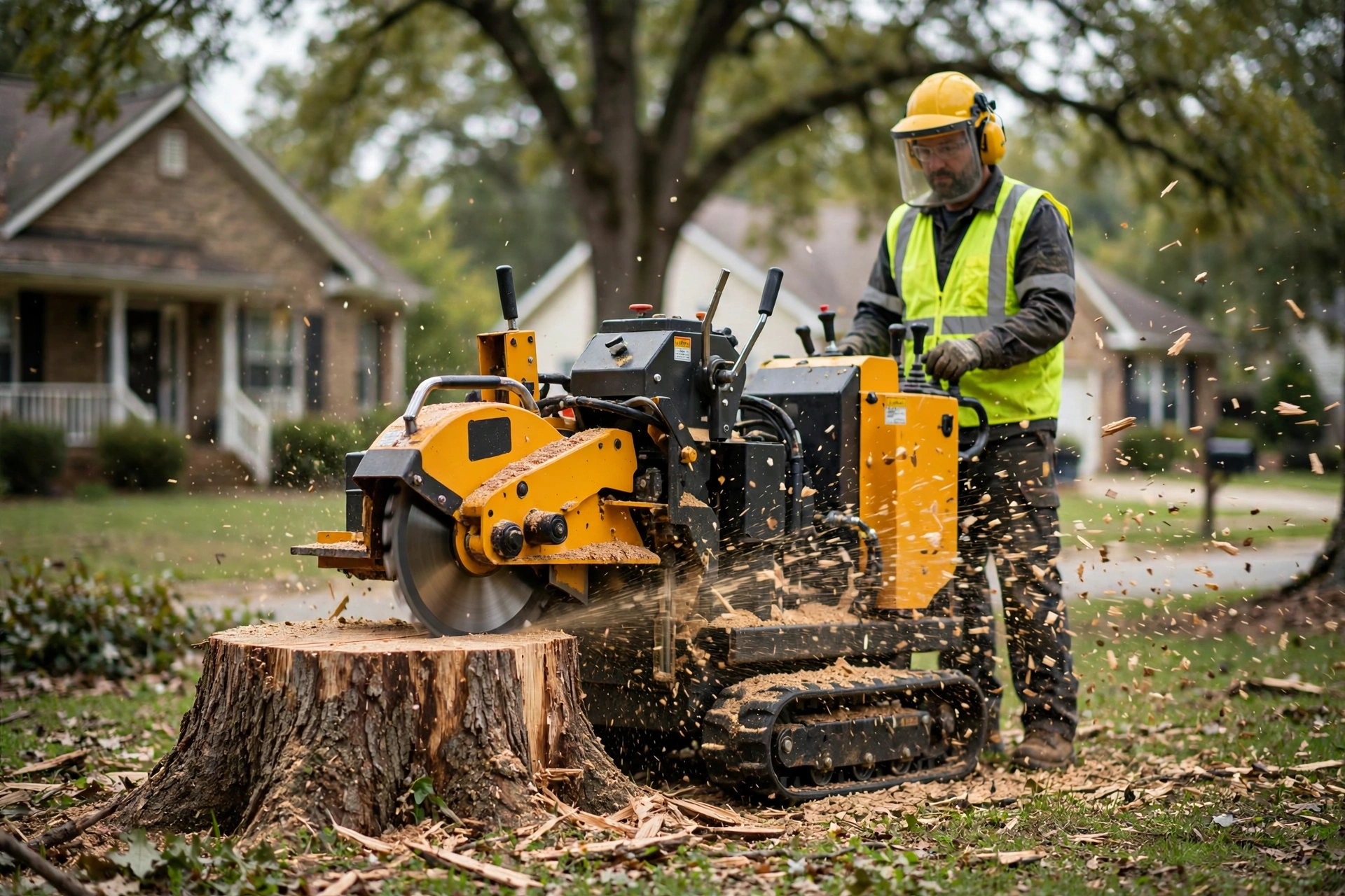 Stump grinder chewing a tree stump in a Collierville, TN yard