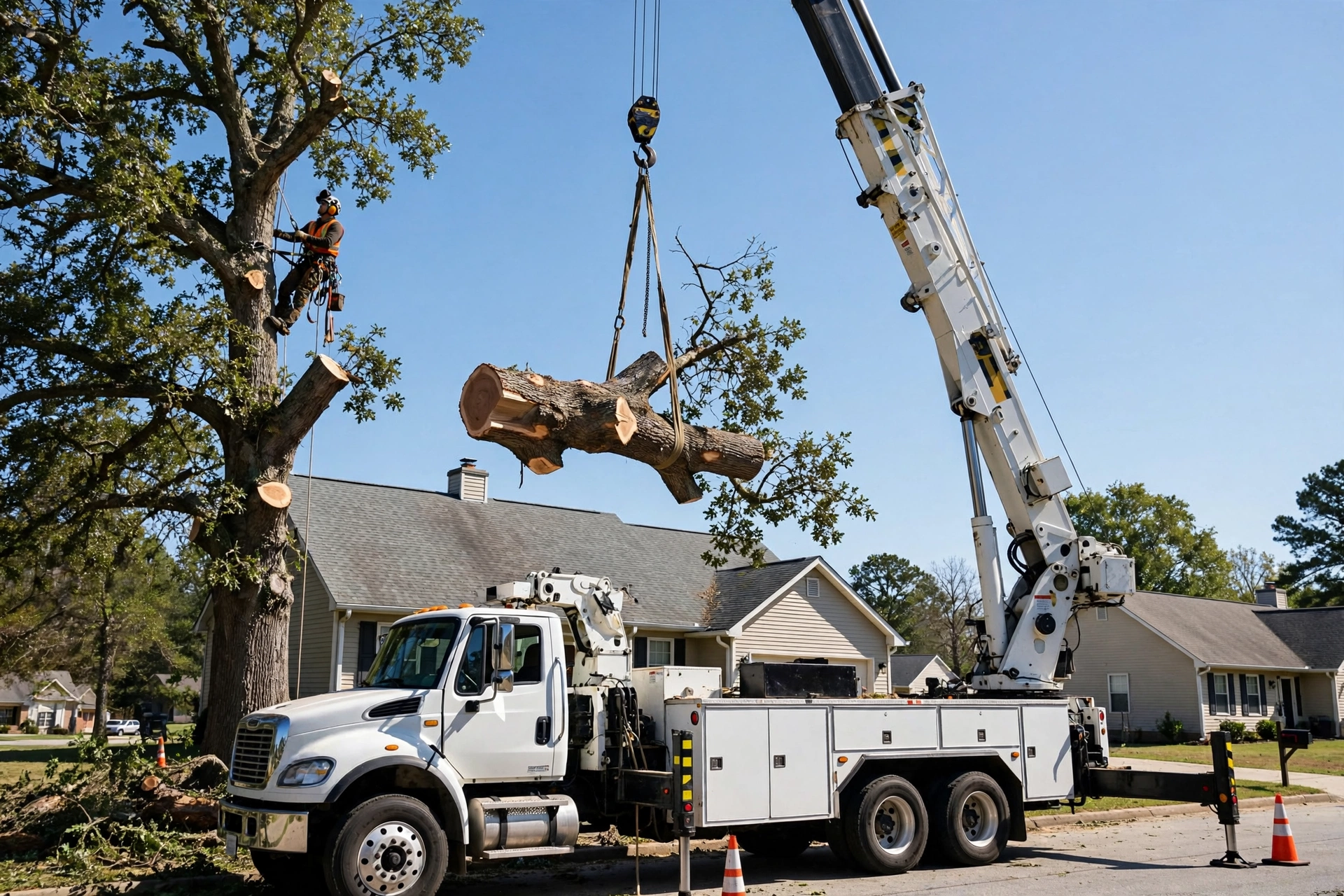 Crane lifting a cut tree section over a Collierville, TN rooftop